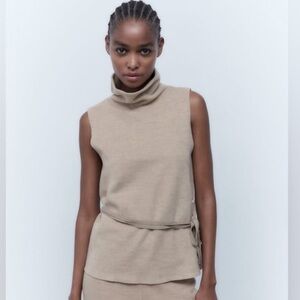 Zara Sleeveless Knit Belted Turtleneck Sweater Top In Neutral Size L